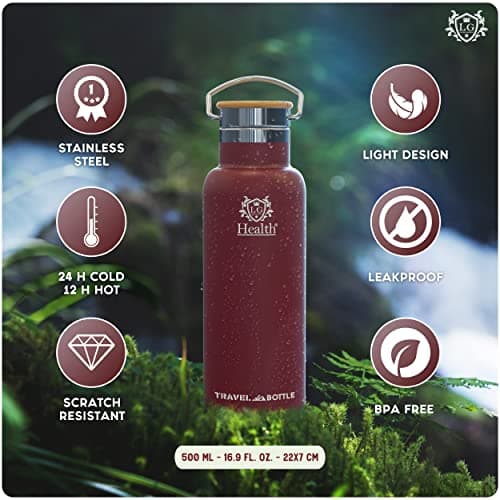 Insulated Water Bottle 500 ml Stainless Steel Vacuum Flask with Neoprene Sleeve, 2 Lids: Sport & Leak-Proof, BPA Free, Drinks Cold 24h/Hot 12h, Travel Flask for Gym, Hiking & Office — view 3