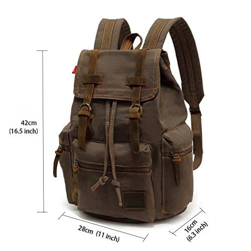 Vintage Unisex Casual Leather Backpack Canvas Rucksack Bookbag Satchel Hiking Backpack Travel Outdoor Shouder Bag (Brown) — view 4