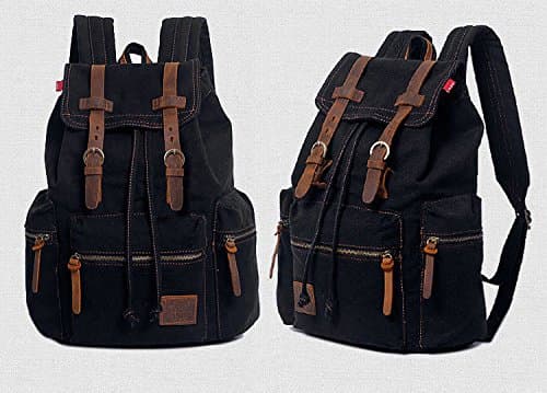 YUHAN Canvas Backpack Unisex Vintage Casual Rucksack Laptop Daypacks Schoolbag Student Bookbag Satchel Hiking Camping Bag Khaki Black — view 2
