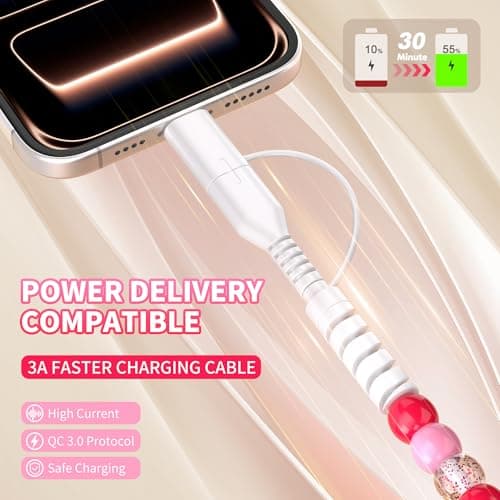 SEUMOO USB C Multi Charger Cable 1M 4 in1 USB A to USB C Charging Cable 66W Type C Fast Charging Cable Cute Beaded USB Phone Charger for Girls Women for iPhone 17 Air 16 15 Plus 14 Pro Max, Pink — view 4