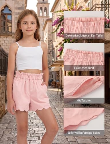 Spring&Gege Girls' Summer Shorts, Elastic Waist with Ruffled Hem & Side Pockets,Soft Cotton Shorts for Back-to-School Season Outdoor Activities, Beach & Casual Attire(Pink,11-12 Years) — view 4
