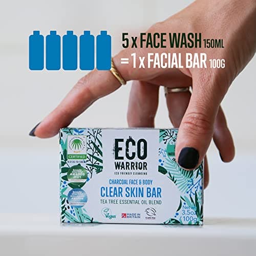Eco Warrior Charcoal Clear Skin Soap Bar - Vegan, Cruelty Free, No SLS or Parabens, Whole Body Soap, Moisturising Charcoal, Grapeseed and Anti Bacterial Tea Tree Essential Oil, Eco Friendly Soap 100g — view 3