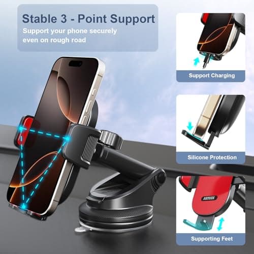 Arteck Car Mount, Universal Mobile Phone Car Mount Holder 360° Rotation for Auto Windshield and Dash, for Cell Phones Apple iPhone 15, 15 Pro, 14, 14 Pro, 13, 12, 11, SE, Android Smartphone, GPS — view 3
