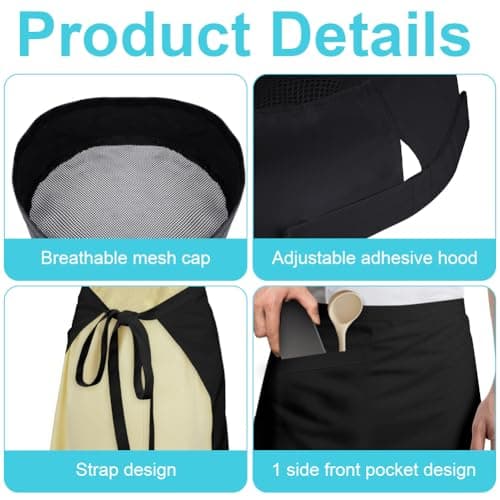DiULi Apron and Chef Hat Set, Adjustable Black Chef Apron with Pockets, Women's Cooking Kitchen Bib for Home Gardening Café — view 3
