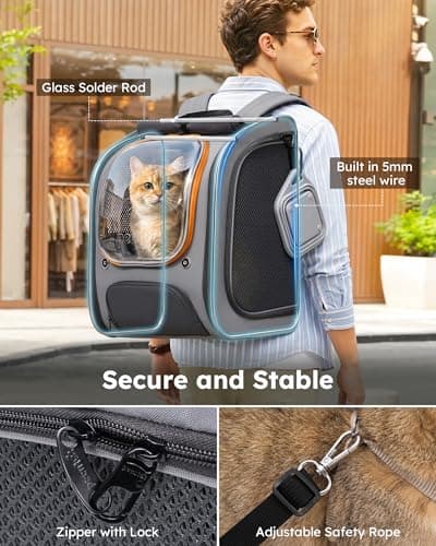 pecute Cat Backpack with Foldable Bowl, Bubble Cat Carrier, Grey — view 3