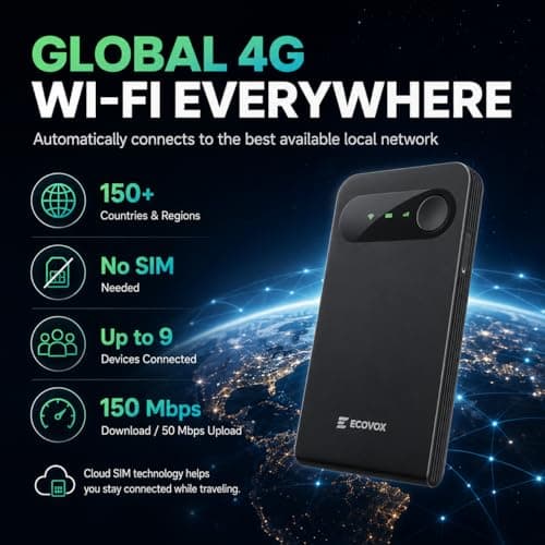 ECOVOX E1 Portable WiFi Hotspot, SIM-Free 4G LTE Mobile Router with Cloud SIM, 3000mAh Travel WiFi Device, Connects Up to 9 Devices, USB-C, WPA2 Security, for Travel and Remote Work — view 4