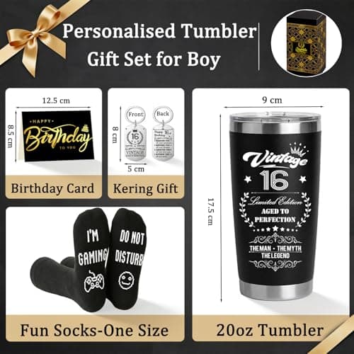 Joybble Gifts for Teen Boys, 16th Birthday Gifts for Boys, Birthday Box with 20oz Stainless Steel Travel Tumbler, Unusual Presents Gift Ideas for Him, Son Gift Set with Gaming Socks Keyring — view 3