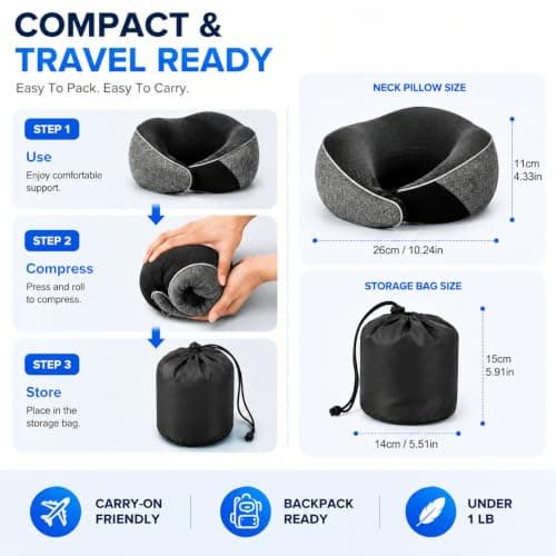 Memory Foam Travel Neck Pillow, 360° Ergonomic Neck & Chin Support Pillow with Adjustable Fastening, Compact Travel Pillow Set with Eye Mask, Earplugs and Storage Bag for Flights, Car and Office — view 3