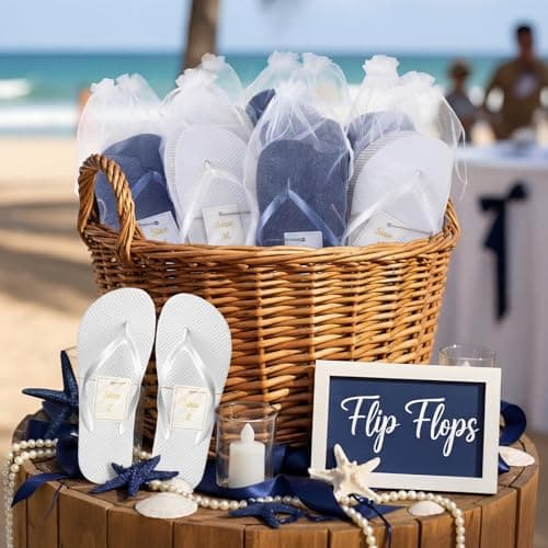 Unittype 24 Pairs Flip Flops Bulk for Wedding Guest Slippers Wedding Flip Flops with Cards Bags for Pool Beach Party, White,navy Blue, One Size — view 2