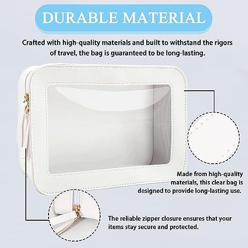 Clear Transparent Toiletry Bag - Waterproof PVC Zippered Cosmetic Wash Bag for Women & Men - Large Vegan Leather (White) — view 3