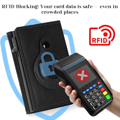 DASKING Men's Card Wallet RFID Blocking with Airtag Holder, Smart Metal Credit Card Holder Cases Pop Up, ID Window, Money Clip, Magnetic Closure Slim Minimalist Vegan Leather Wallet for Gents Gift — view 4