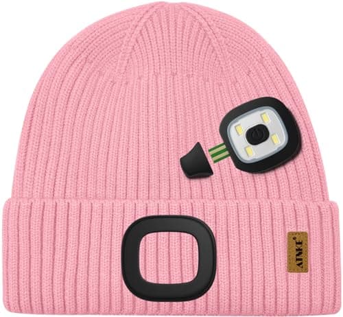 ATNKE Kids LED Lighted Beanie Hat,USB Rechargeable 4 LED Running Headlamp Hands Free Head Torch Cap with Light Winter Warm Fleece Lined Knit Beany Gifts for Boys and Girls/Pink — view 3