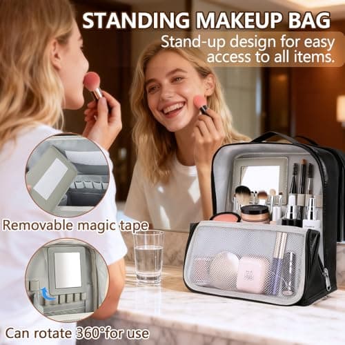 Travel Makeup Bag, CS COSDDI Make Up Bags for Women Large Capacity Cosmetic Bags Waterproof Toiletry Bag with Luggage Compartment Tie and Detachable Mirror, Leather Portable Standing Makeup Bag — view 2