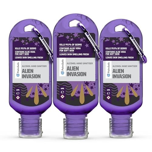 Palm Safe Alien 3 Pack 60ml Anti Bacterial Premium Hand Sanitiser Travel Size Refillable Clip Bottle Quick Drying Non Sticky Extra Moisturising Kills 99.9% of Viruses and Bacteria