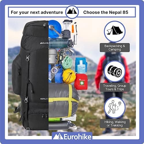 Eurohike Nepal 85 Litre Rucksack with Ventilated Back Panel & Padded Harness, 85L Backpack, Bag for Men & Women, Adjustable, Lightweight, Camping, Hiking, Trekking, Travelling, Outdoor, Black — view 6