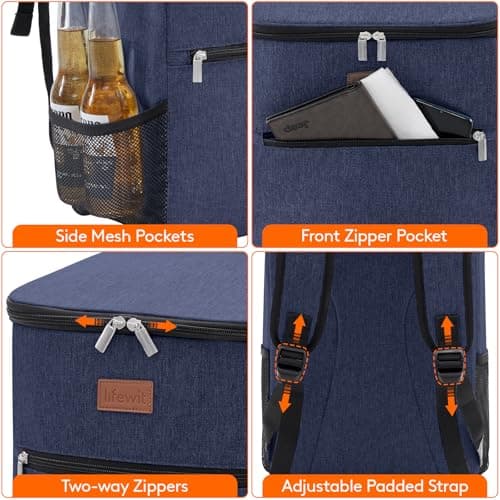 Lifewit 21L 30-Can Soft Cooler Backpack Bag with Hard Liner, Large Insulated Picnic Lunch Box Soft-Sided for Camping/BBQ/Family Outdoor Activities, Dark Blue — view 6