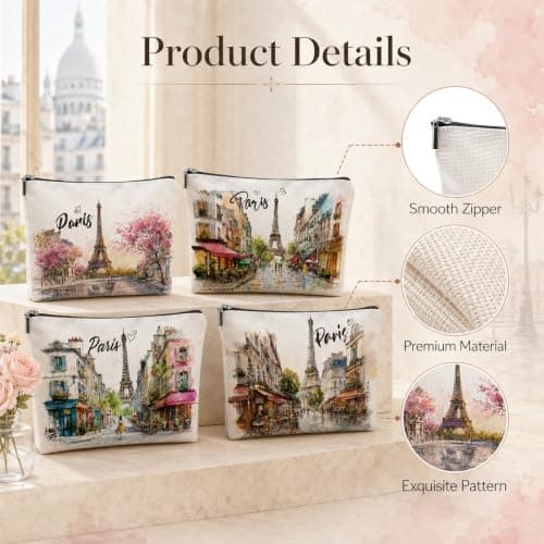 4 Pcs Paris Souvenirs Gifts, Paris Vacation Trip Travel Makeup Bag, French Gifts for Women Girls, Watercolour Graffiti Cosmetic Bags Zipper Pouch Toiletry Organizer, Christmas Birthday Gift — view 3