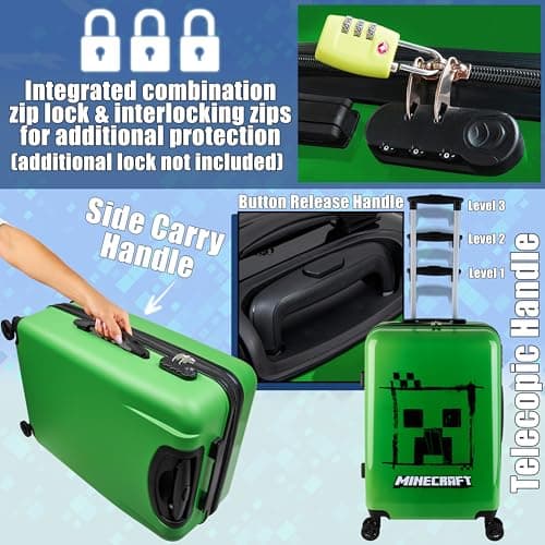Minecraft Suitcase Kids Teens Creeper Hard Shell Luggage Travel Case 4 Wheels Handle Travel Essentials Holiday School Trips (Green, M/L66.5cm x W45.5-46L) — view 4