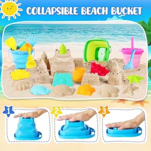 Beach Sand Toys for Kids,12 PCS Collapsible Beach Toys Set and Spade Set with Mesh Bag,Castle&Aninal Moulds ,Travel Beach Essentials for Children,Gardening Beach Outdoor Toys for Boys Girls (Blue) — view 3