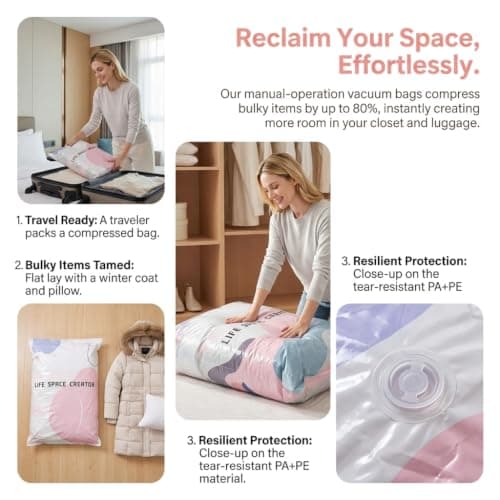 5 Pack No-Pump Vacuum Storage Bags, Large Compression Bags for Clothes, Duvets, Travel(L) — view 3