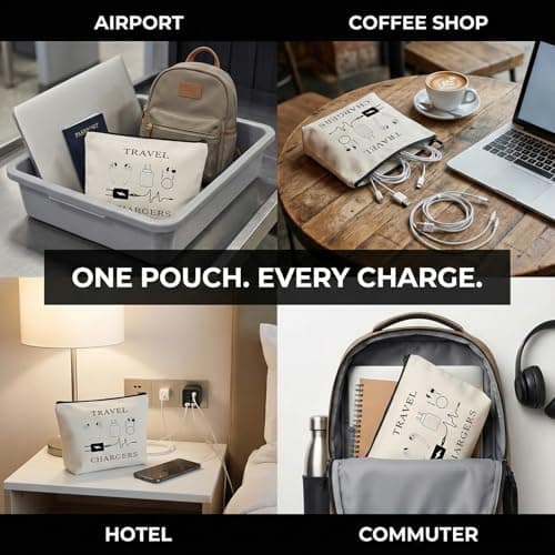 Cable Organiser Bag, Cream Canvas Electronics Pouch With Black Zip, 1-Pack — view 6