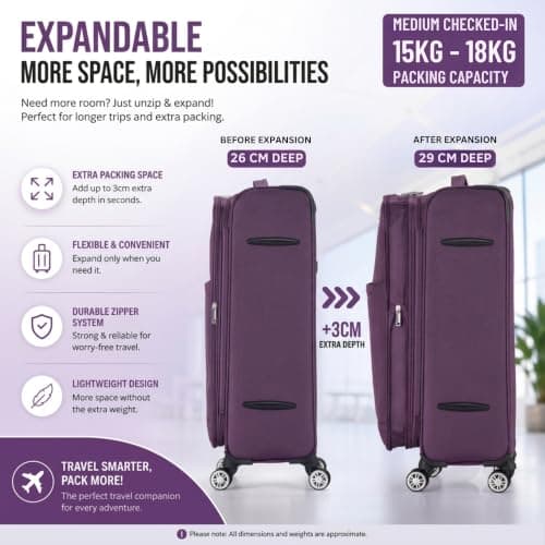 DK Luggage Ultra Lightweight Only 2.9kg Medium 24 Inch Soft Shell Suitcase, 4 Wheel Spinner, Checked Luggage, 15kg–20kg Capacity, Expandable Travel Case (WLS Purple, Medium) — view 4