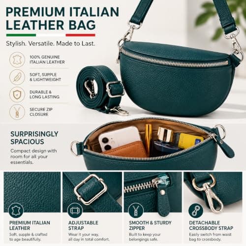 Woodland Leathers Cross Body Bag for Women Genuine Italian Leather Cross Over and Bumbags for ladies, Convertible Crossbody Sling Bag leather Belt Bag for Women with Adjustable Strap (Dark Teal) — view 6
