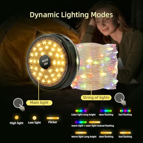 Mcbazel Camping Fairy Lights, 12M/39.4FT 120 LED Retractable Camping String Lights, 10 Modes, 2000mAh USB Rechargeable, IP67 Waterproof, Warm White & Multicolour for Tent Outdoor Garden Camping — view 3