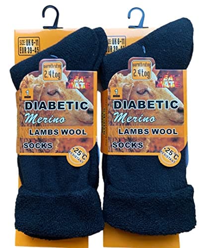 ZRWASKA Men's Diabetic Merino Wool Socks Extra Warm Thermal Sock 2.4 TOG UK Size 6-11Wol Blend, Hiking, Walking, Outdoor Winter 2 Pairs Sox (Pack of 2 (Black))