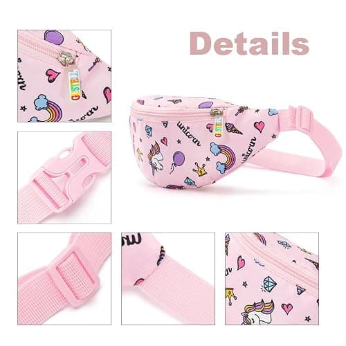 Dzxin Kids Fanny Pack, Cute Unicorn Kids Bum Bag Bumbag Waist Pack Cartoon Hipsack Belt Bag Small Belt Bum Bag Crossbody Purse Waist Pouch for Toddler Girls Boys Running Hiking Travel Sports(Pink) — view 4