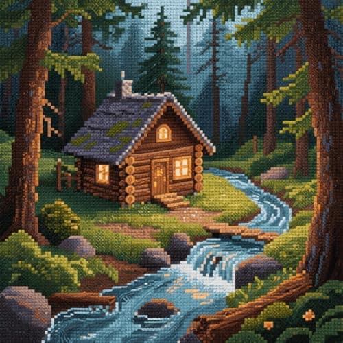 Henypt Latch Hook Cushion Kits Stream Trees and Cabin Pillow Case Rug Cover Beginner DIY Needlework Embroidery Kit Latch Hook Kits Pillow 43x43cm