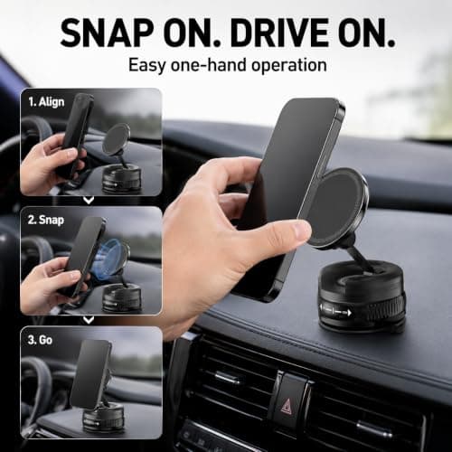 Vacuum Magnetic Car Phone Holder for MagSafe, Strong Suction Cup Dashboard & Windshield Mount, 360° Rotatable Foldable Phone Mount with Metal Ring — view 5