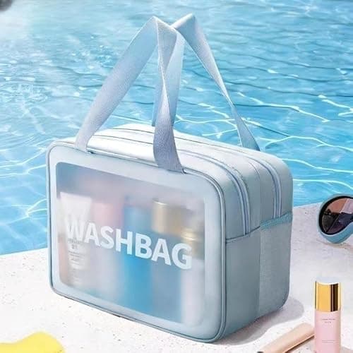 FoxCyllene Clear Waterproof Toiletry Bag, Large Capacity Travel Wash Bag with Dual Handles, PVC Cosmetic Organiser with Dry-Wet Separation (Blue, L) — view 4