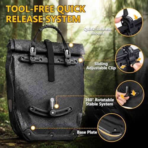 Favoto Large Bike Panniers Waterproof - 56L Heavy Duty Bicycle Rear Rack Bags for Touring Camping, 500D PVC Cycle Cargo Bag with Quick Release System Laptop Sleeve, Fits E-Bike Carrier - 2PCS Black — view 4