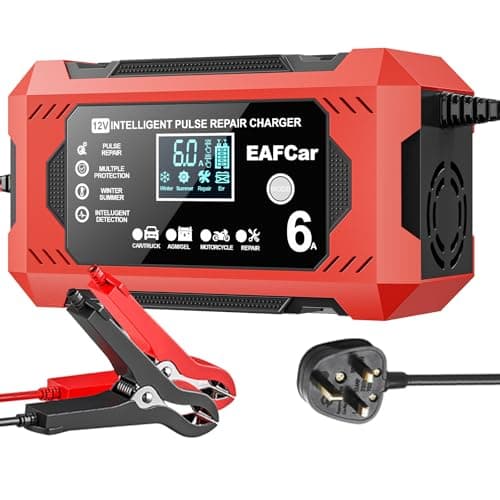 EAFCar 6Amp Car Battery Charger, 12V Smart Trickle Charger and Maintainer, LCD Screen Maintainer/Pulse Repair Activation Pack for Car, Motorcycle, Lead Acid Batteries & AGM. (6A)