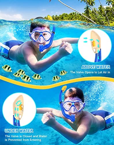Gintenco Kids Snorkel Set, Dry Top Snorkel Mask Anti-Leak for Youth Junior Child, Anti-Fog Snorkeling Gear Free Breathing,Tempered Glass Swimming Diving Scuba Goggles 180° Panoramic View (Blue) — view 3