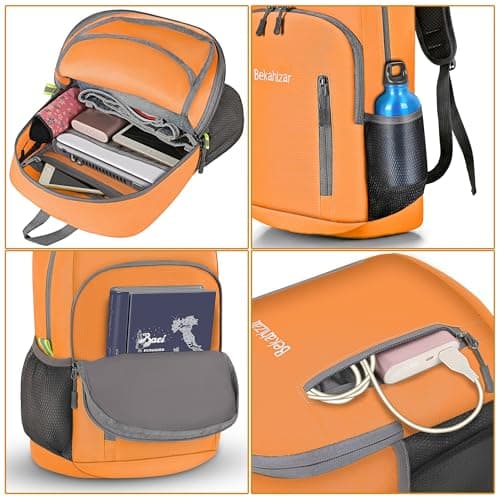 Bekahizar 20L Ultra Lightweight Backpack Foldable Hiking Daypack Rucksack Water Resistant Travel Day Bag for Men Women Kids Outdoor Camping Mountaineering Walking Cycling Climbing (Orange) — view 4