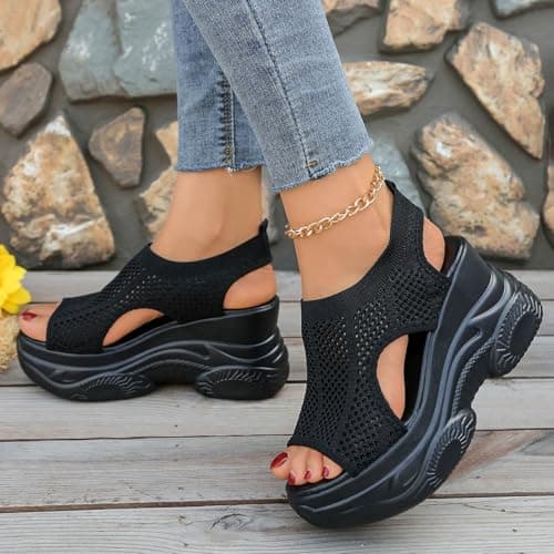 Mesh Knit Platform Wedge Sneakers for Women 2026 Open Toe Sock Sandals Hollow Out Breathable Knit Slip On Chunky Non Slip Sole Comfortable Lightweight Casual Summer Walking Travel Shoes — view 3