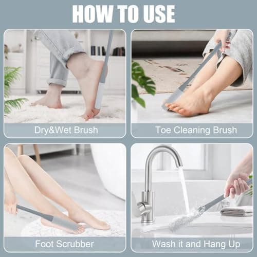 Long-Handled Silicone Toe Crevice Cleaning and Exfoliating Brush with Reusable Drying Covers - Lotion Applicator for Men and Women (Gray) — view 5