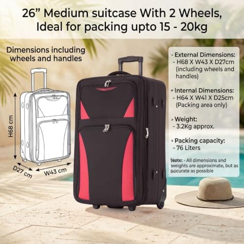 DK Luggage 26" Medium Lightweight Suitcases Expandable Trolley case with 2 Wheels DK16 Black/Red — view 2