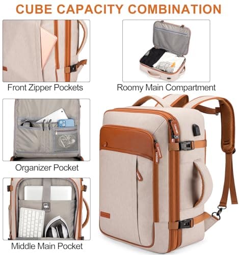 Lumesner Carry on Backpack, Extra Large 40L Flight Approved Travel Backpack for Men & Women,Expandable Large Suitcase Backpacks With 4 Packing Cubes (Beige) — view 5
