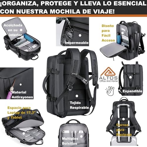 ALTOS OFFICE AND HOME. Expandable & Carry on Backpack, Extra Large 45L Airline Approved TSA, Synthetic Leather, Multiple Compartments, For Laptops up to 17", Water and scratch resistant, Comfortable, — view 4