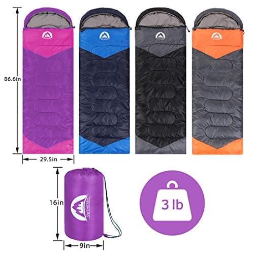 Sleeping Bag 3 Seasons (Summer, Spring, Fall) Warm & Cool Weather - Lightweight,Waterproof Indoor & Outdoor Use for Kids, Teens & Adults for Camping Hiking, Backpacking and Survival (Purple) — view 2