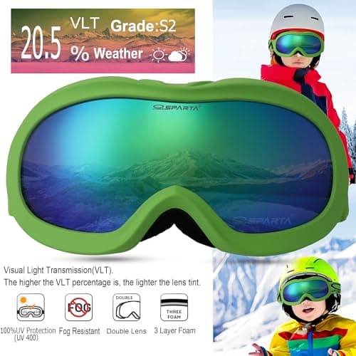 OUTDOORSPARTA Kids Ski Goggles (5. Green Frame, Full Lens Mirrored Green) — view 2