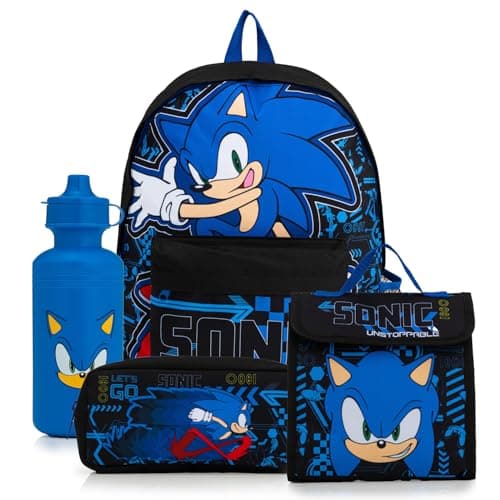 Sonic The Hedgehog Backpack 4 Piece School Set with Lunch Bag, Pencil Case & Water Bottle | Boys Rucksack with Padded Adjustable Straps – Back to School Supplies