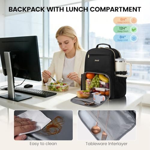 LOVEVOOK Laptop Backpack for Women with Lunch Compartment and Pouch Pocket for Large Capacity Cup,15.6 Inch Insulated Cooler Laptop Rucksack Work Travel College Teacher Business Picnic Lunch Bag Box — view 3