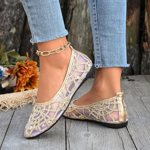 Mesh Ballet Flats for Women Pumps Orthopedic Sequins Dolly Shoes Wide Fit Round-Toe Non-Slip Breathable Summer Ladies Shoes Walking Office Holiday (Gold 7.5 UK/Foot Length 26.5cm) — view 3