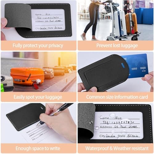 Luggage Tags, 6 Pcs Leather Suitcase Labels Travel Luggage Tag with Name ID Card Baggage Labels Tags for Luggage Bags Backpacks Cruise Waterproof Travel Accessories（Black） — view 4