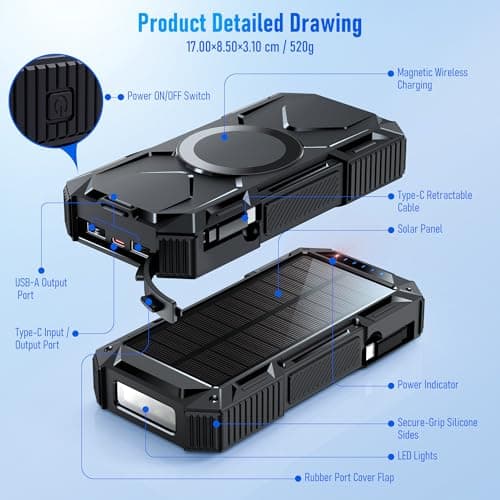 26800mAh Magnetic Wireless Power Bank, 30W Fast Charging Battery Pack with 3 Outputs, Built-in Retractable USB-C Cable, LED Flashlight, Solar Portable Charger for Smartphone, Travel, Emergency — view 6