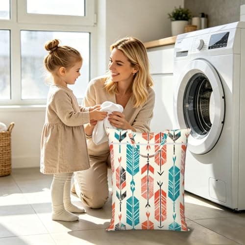 Large Travel Laundry Bags,Coral and Teal Arrows Print with Handle Foldable Laundry Bag for Holidays Gym Swimming and Family Trips, 1Pcs — view 6